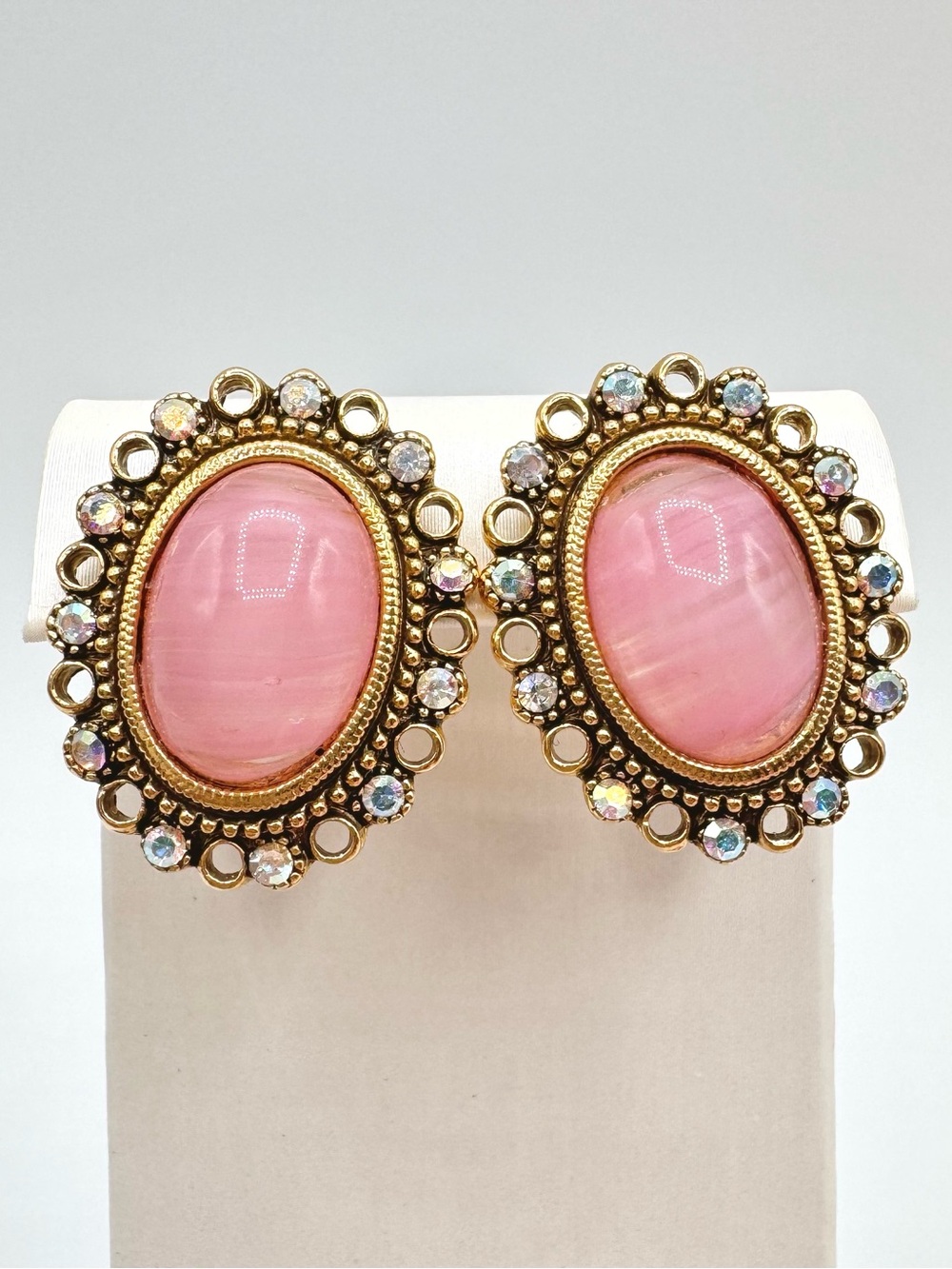 Vintage 1928 Pink Givre Glass Earrings AB Rhinestone Bezel Romantic Coquette